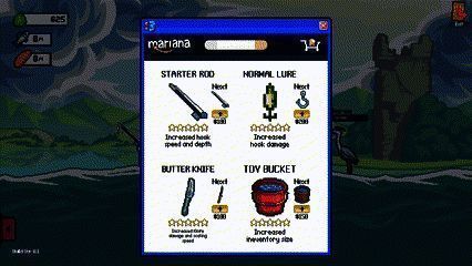 游戏内装备升级界面展示，展示不同等级的鱼竿、钩子和刀具