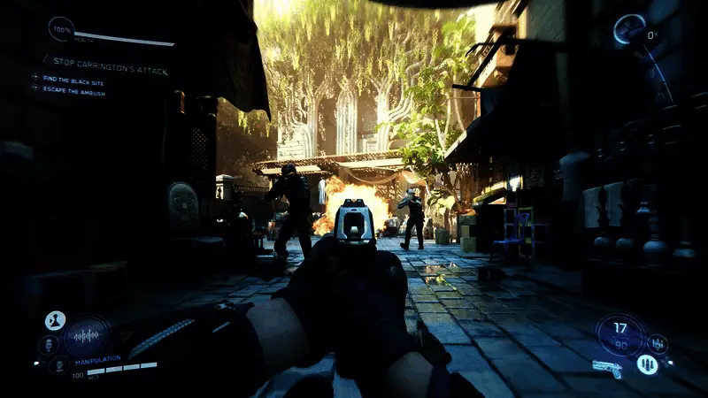 《完美黑暗》游戏画面展示，主角手持武器在高科技实验室中穿梭