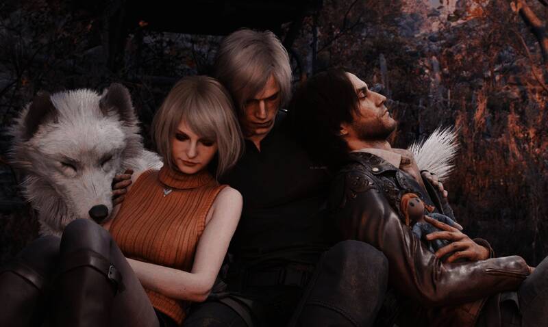 里昂与艾达王相拥入眠的温馨场景，背景为昏黄灯光下的房间，气氛静谧温暖