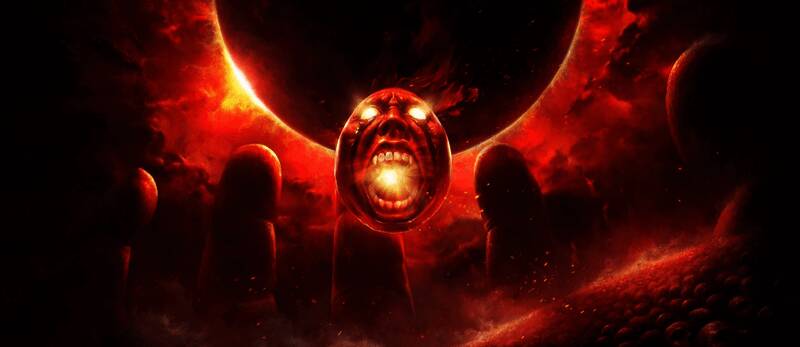 猩红贝黑莱特宝石细节图，表面浮现狰狞人脸，散发诡异红光