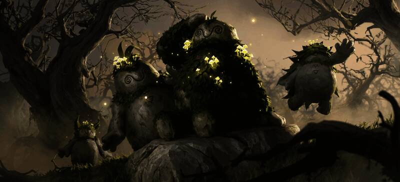 哥雷姆使魔形象展示，不同风格的土石构造体排列整齐，各具特色