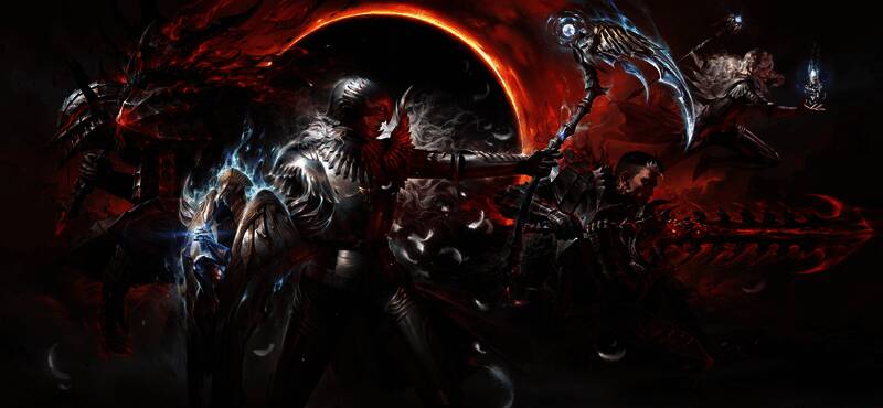 黑剑狂岚与白鹰之誓时装展示，两位角色分别身披黑色重甲与白色华服，英姿飒爽