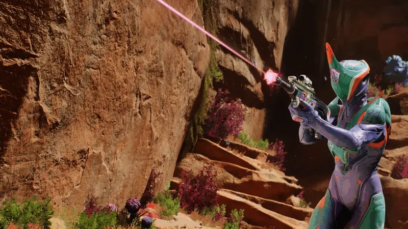 激烈的第一人称战斗场景，角色身穿高科技装甲穿梭于战场