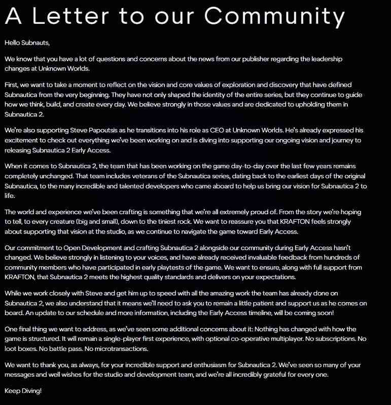 Unknown Worlds官网发布的官方声明页面截图