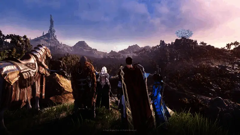 《黑色沙漠》游戏主界面展示，背景为战火纷飞的古代大陆