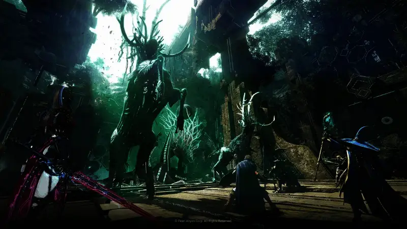 玩家角色骑乘战马穿越荒野，远处可见敌对势力的营地