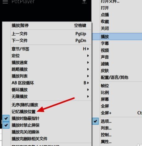 播放界面右键菜单中选择记忆播放位置操作示意图