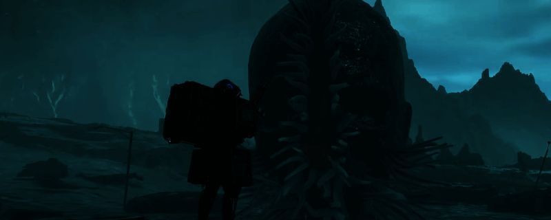 《死亡搁浅2》中克苏鲁风格BOSS裂口鱼的完整造型，其面部张开的巨大裂口极具压迫感