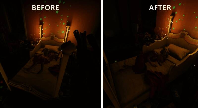 《严阵以待》任务画面调整前后对比图，展现女孩由抽搐变为沉睡状态