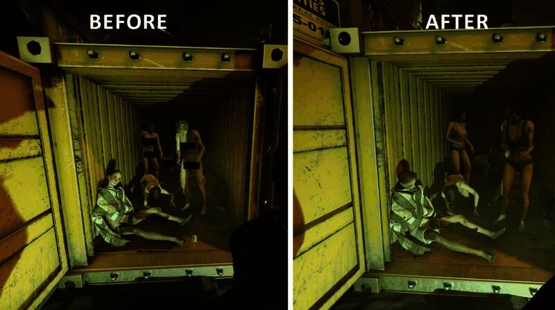 《严阵以待》女性人质画面调整前后对比，新增内衣设计