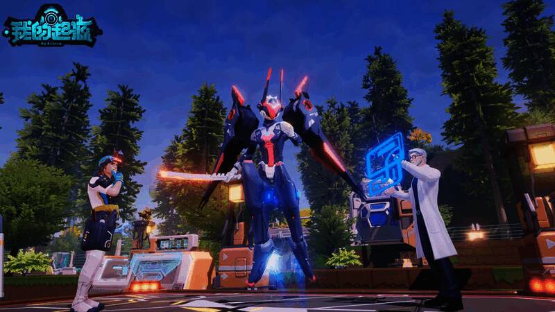 突击者一型机甲全身展示，深红色机身搭配机械翅膀，未来科技感十足