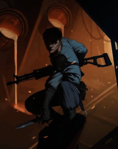 伊恩角色立绘展示，身着猎手装备，神情冷峻地凝视前方