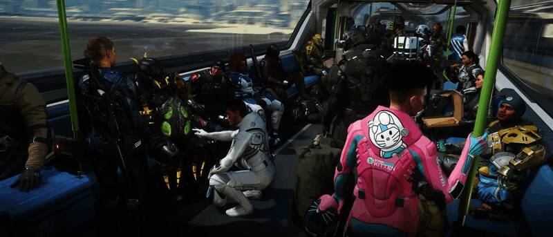 《星际公民》太空飞行场景截图，飞船穿梭于浩瀚星河之间，画面极具视觉冲击力