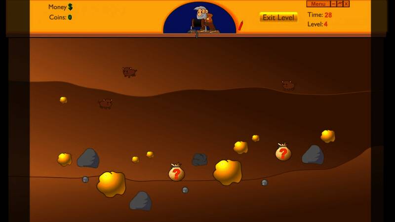 黄金矿工角色在地下洞穴中奋力挖掘，背景布满闪闪发光的金块