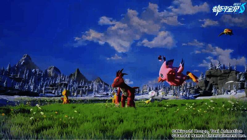 游戏场景截图，展现数码世界中一座宏伟的古代遗迹和远处的数码兽