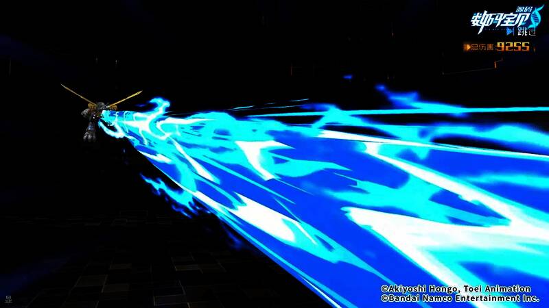 战斗场景特写，数码兽释放强力必杀技，画面充满冲击力