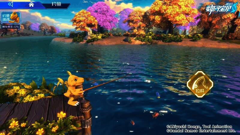 玩家与数码兽互动的温馨画面，背景是阳光洒落的森林