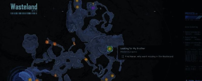 游戏画面展示废土东部高地地形，角色站在山顶俯瞰废品场