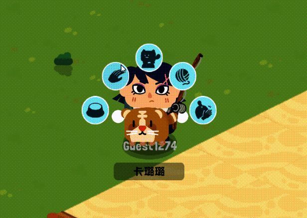 猫咪们围坐在篝火旁，玩家在一旁微笑地看着它们玩耍