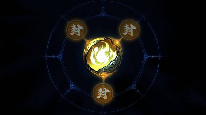 修士手持封妖珠对准妖兽施法，周围灵气环绕，画面充满玄幻气息