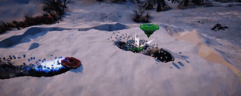 陀螺高速旋转，金属碰撞火花四溅，背景为竞技场环境