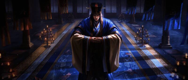 谋荀彧阴形态展示，披甲执剑，神情冷峻，背景为烽火战场