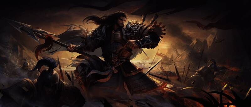 项羽战令主公形象展示，身披铠甲，手持重戟，背景为古战场