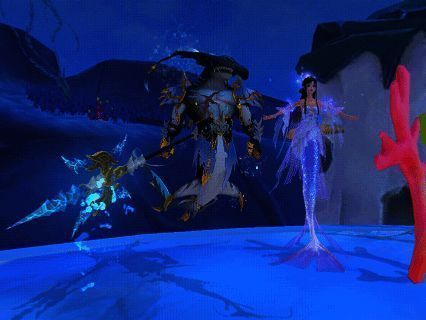 玩家驾驭龙神鲨战宠在水中穿梭，气势非凡