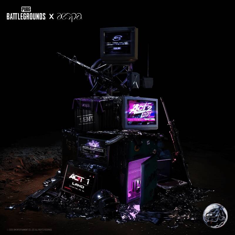 《绝地求生》x aespa联动概念图，四位成员以游戏形象呈现，风格酷炫时尚