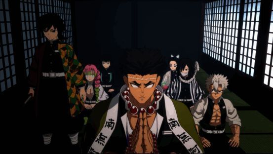 《鬼灭之刃》角色列阵图，背景为燃烧的火焰特效