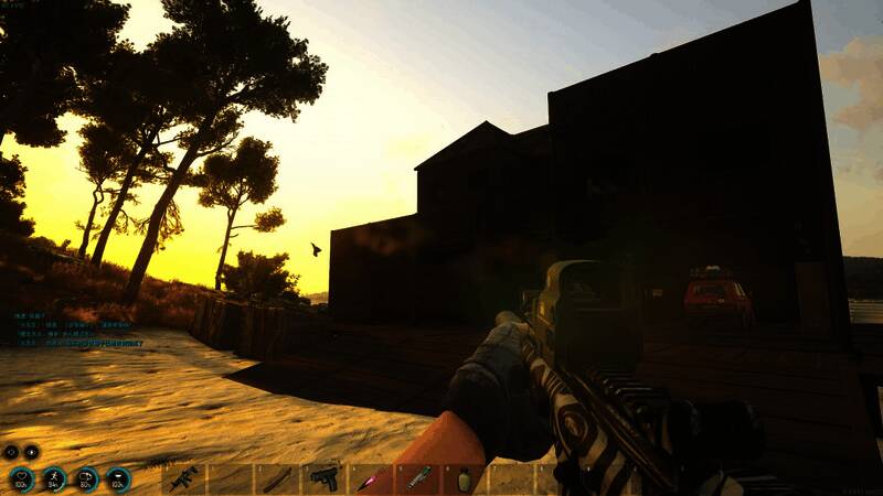 B3湖边玩家基地实景，周围植被茂密，湖水清澈见底