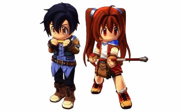 《空之轨迹 the 1st》玩偶装展示图，艾丝蒂尔与约书亚穿着可爱玩偶风装扮