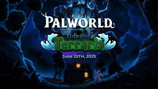 幻兽帕鲁与泰拉瑞亚联动宣传图，画面中融合了两个游戏的经典元素