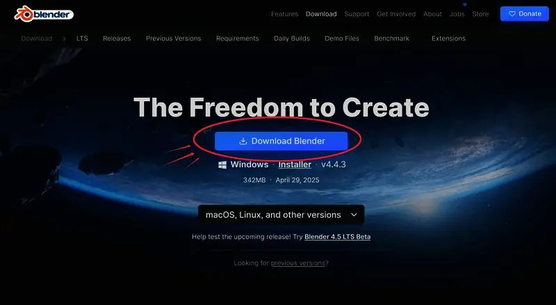 Blender 安装界面示意图，展示蓝色下载按钮与安装流程