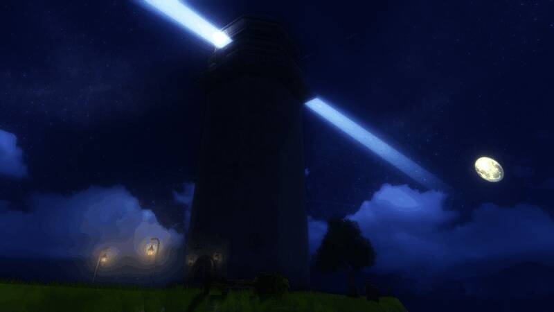 巴伦诺灯塔夜景图，灯光穿透海雾照亮航道，灯塔周围波涛翻涌