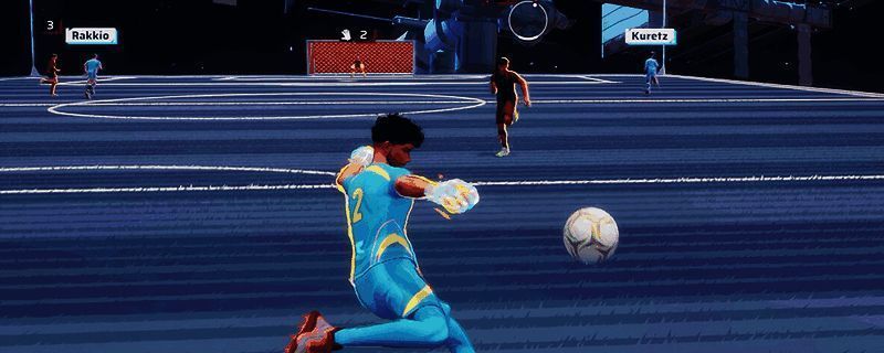 《开球！REMATCH》游戏界面展示射门角度示意图，进攻球员与守门员形成对峙状态