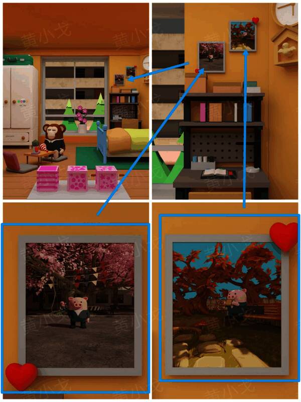 卧室场景中墙上挂着两张带有季节标记的照片