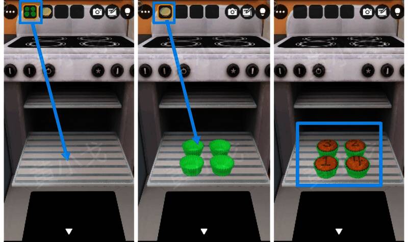烤箱内刚出炉的小蛋糕，表面标有数字1至4