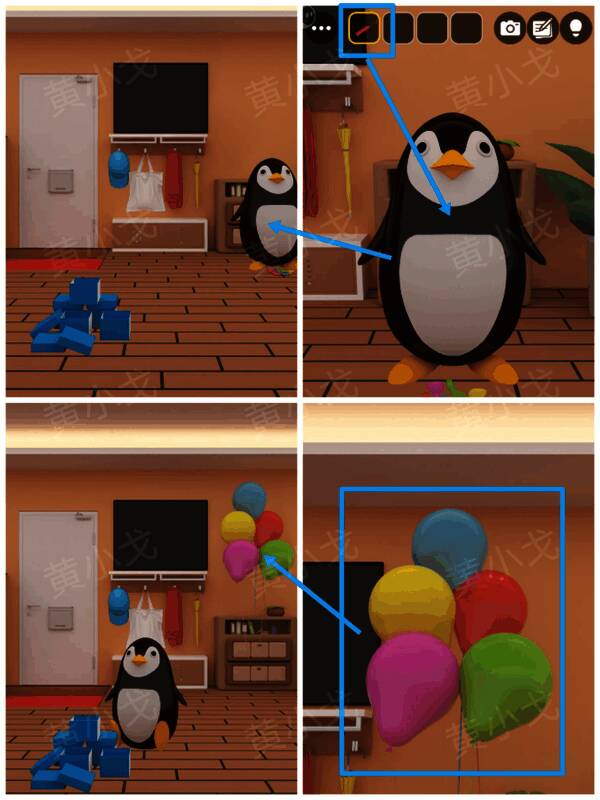 企鹅正在给气球打气，五彩缤纷的气球漂浮在空中