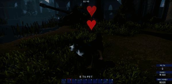 一只可爱的狗狗站在商店门口，尾巴摇摆，眼神期待地看着玩家手中的食物