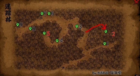 迷踪林地图展示角色穿越森林，周围有树木与神秘标记
