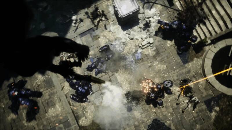 角色手持重型武器，在城市废墟中奔跑的动态画面