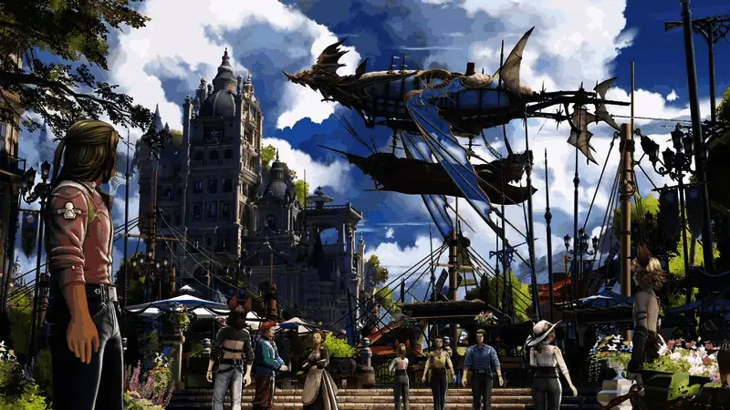 游戏世界观概念图，展现漂浮于云层之上的奇幻岛屿群