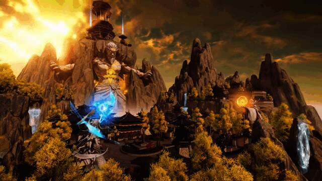 涿光城夜景，盘古巨像与神兽白泽在月光下交相辉映，建筑古色古香