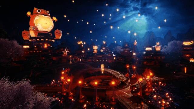 万妖城夜景，妖族居民欢聚街头，巨型花灯照亮夜空