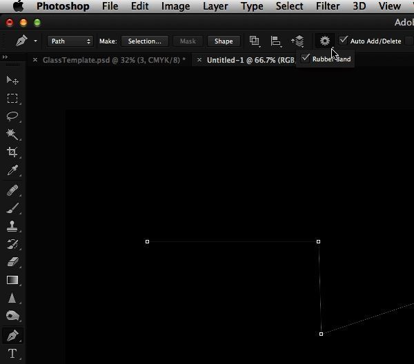 钢笔工具下的橡皮带功能演示，路径走向清晰可见