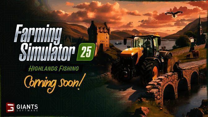 《模拟农场25》高地捕鱼DLC宣传图，展示苏格兰高地湖泊与渔船