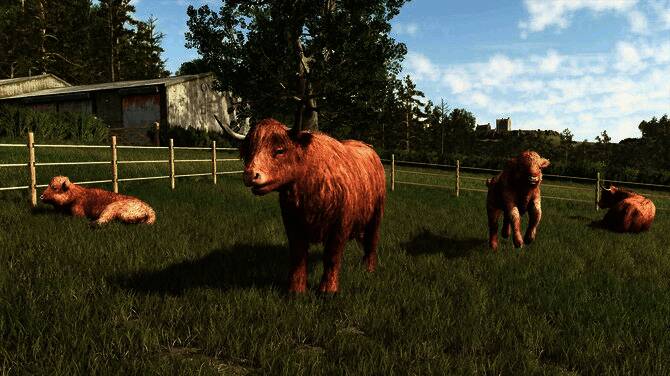 历史名城建筑概念图，呈现苏格兰风格石砌结构与农田环绕景象