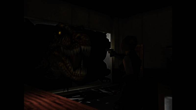 《恐龙危机》游戏截图，主角手持武器与迅猛龙展开激烈追逐战