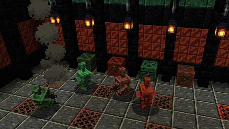 铜制魔像与玩家互动场景展示，背景为丰富的矿洞环境